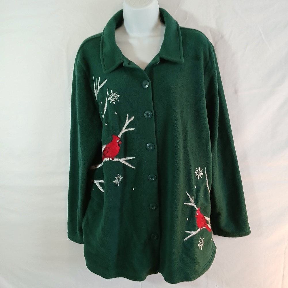 Quacker Factory‎ Green Jacket Embroidered Cardinals Sz L  Casual Holiday Cottage